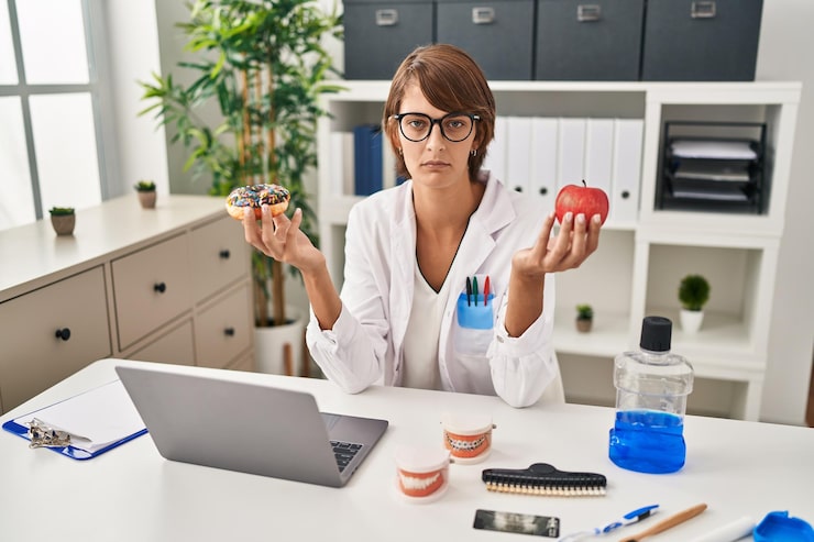 brunette-dentist-woman-holding-apple-chocolate-doughnut-skeptic-nervous-frowning-upset-because-problem-negative-person_839833-10413